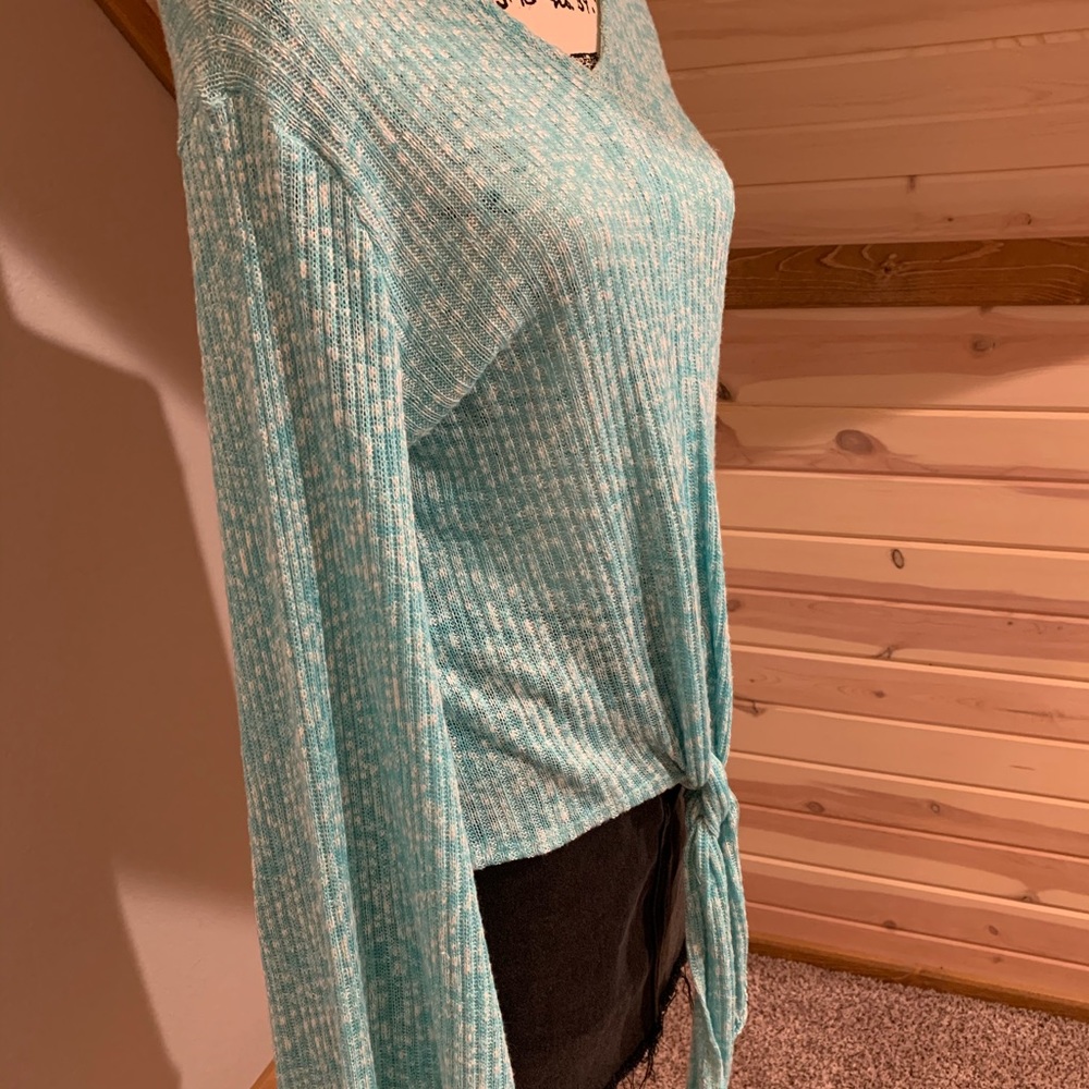 L&B rib knit front tie sweater w/ bell sleeves